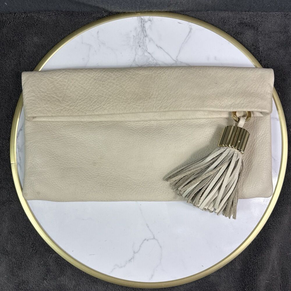 India Hicks Carmen Clutch Stone White Pebbled Leather Bag Fringe Tassel Large 12